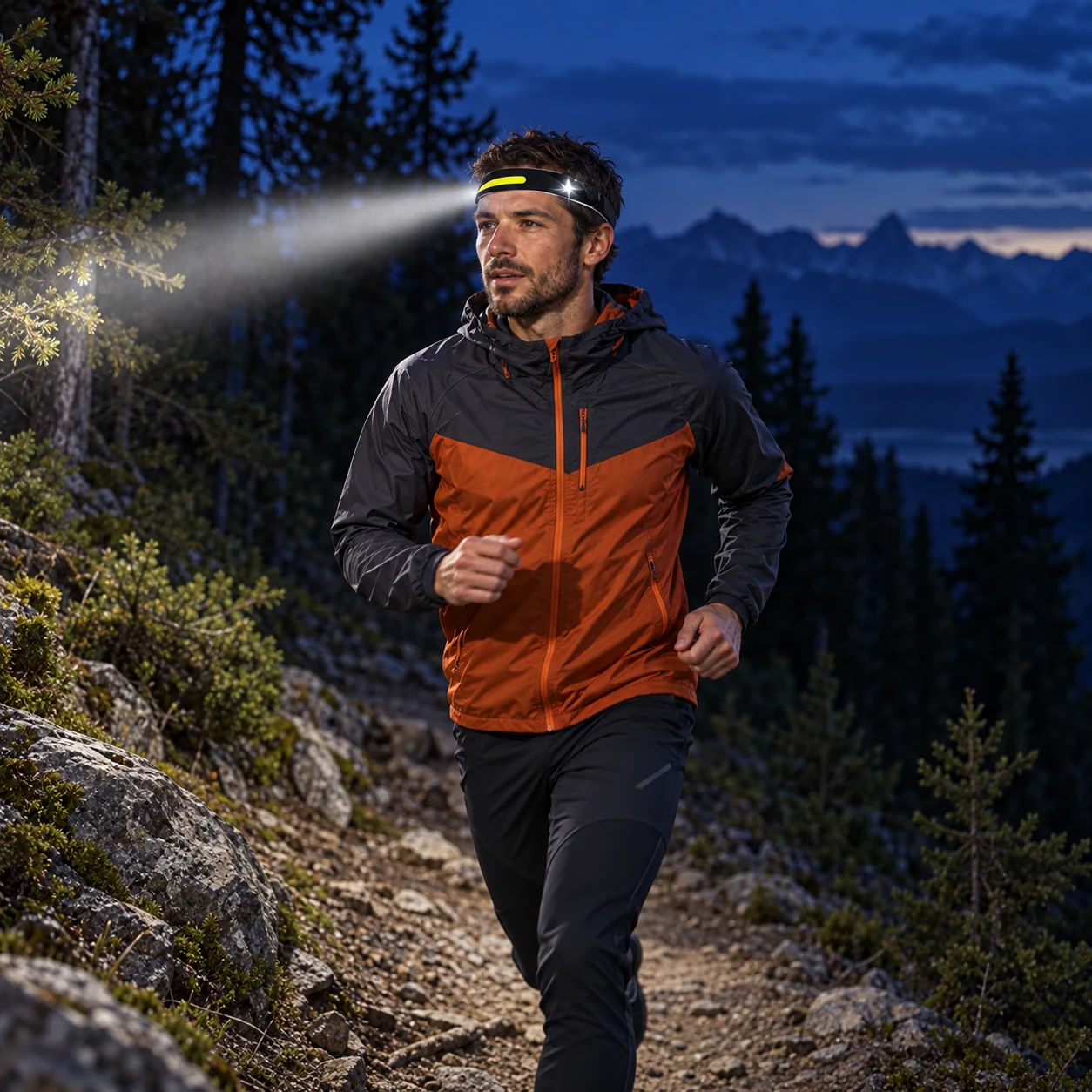 Illustration of a runner wearing a headlamp on a mountain trail at dusk